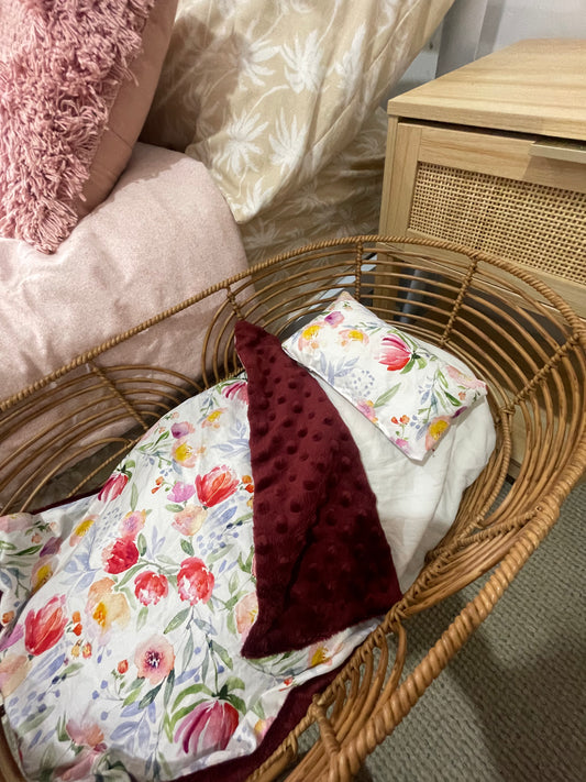 Doll Bedding Set- Bright Florals and Red Minkie