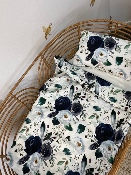 Doll Bedding Set- Navy Blue Flowers