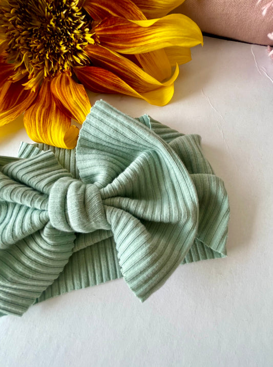 Knit Headband Bow- Ribbed Sage Green