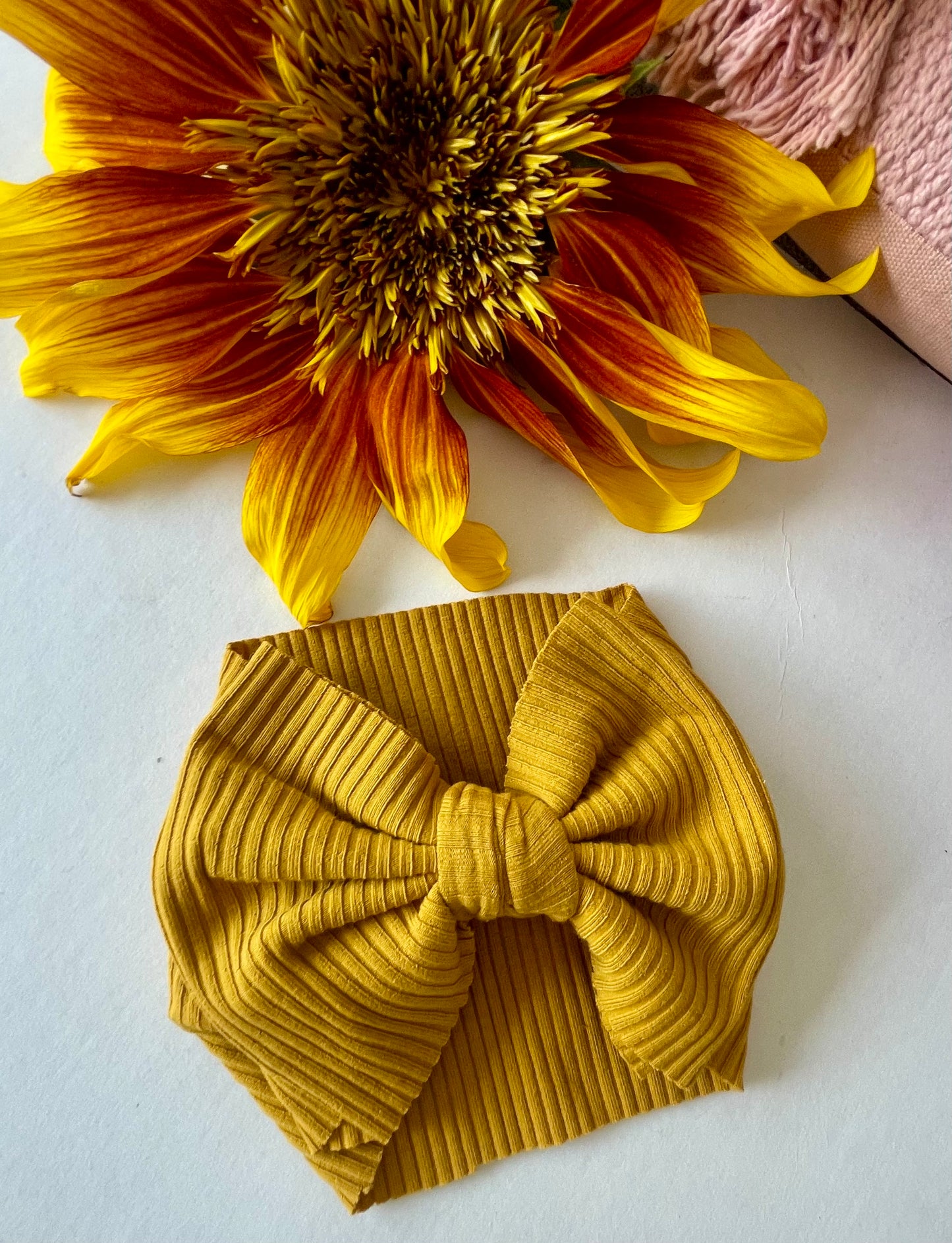 Knit Headband Bow- Ribbed Mustard Yellow